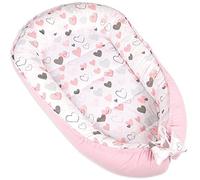 PIMKO Nid de bébé 2 côtés - Nid cocon pour bébé - Hypoallergénique - Nid de bébé - 90 x 55 cm - Coton et velours (cœurs roses)