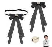 PIMXL 2 Pièces Noeud Papillon Femme, Broche Noeud de Chemise, Perle Noeud Brooch Bowknot Broche Noeud, Soirée Cérémonie Cosplay Clip Réglable Rubans Uniforme Écolière Cravate, Noir