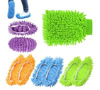 PIMXL 4 Paires Chausson Microfibre et 1 Paires Gants en Chenille, Chaussons Serpillères Réutilisables pour Le Nettoyage des Sols, pour Balayage Maison, Bureau, Salle de Bain, Cuisine (4 Couleurs)