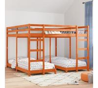 Pin Massif Design Moderne échelle intégrée Brun 200 x 200 cm | Cadre de lit superposé triple Pin massif Brun cire 200x200 cm Lit empereur avec 2 échelles barrières sécurité charge 400 kg