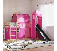 Pin massif lit superposé avec toboggan et rideaux 80x200 cm Rose | Lit superposé 80x200 cm avec toboggan et rideaux en pin massif sans matelas chambre enfant
