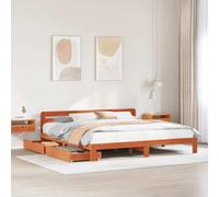 Pin massif robuste sommier à lattes tiroir coulissant 200x200cm Brun | Cadre de lit sans matelas 200x200cm cire marron bois pin massif avec 2 tiroirs sommier lattes tete de lit