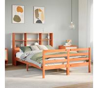Pin massif sommier à lattes rangement bibliothèque brun 150x200cm | Lit Bibliothèque 150x200cm Bois Massif Pin Brut Ciré Marron avec Sommier à Lattes et Rangement pour Chambre, Pas de Matelas