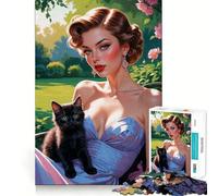 Pin-up avec Chaton Noir dans Un Jardin Puzzle 1000 pièces pour Adultes Jeu de réflexion Intelligent Amusant et précis Décoration Artistique (38x52cm)