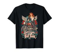 Pin Up Debout Près d'une Moto Vintage Ailes Roses T-Shirt