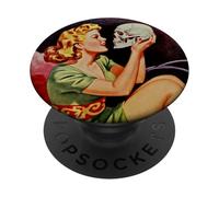 Pin-Up Girl Tenant Un crâne rétro Halloween Art PopSockets PopGrip Adhésif