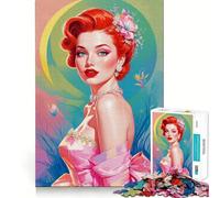 Pin-up rousse en Robe Rose Puzzle de 1000 pièces pour Adolescents Jeu de logique Stimulant Amusant en intérieur Bordure Premium Cadeau mémorable (38x52cm)