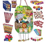 Piñata Anniversaire Enfant Animaux de la Jungle Rempli de Chuches Décoration Anniversaire Idéal pour Fêtes, Communions et Baptêmes 60 friandises et Chupachups et 12 ballons, 46 x 31 cm.