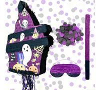 Piñata château de sorcière d'Halloween 41,4 x 26,9 cm avec bâton, confettis noirs et violets pour Halloween, fête d'anniversaire, accessoires photo, décoration de vacances