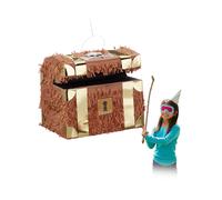Relaxdays- Pinata Coffre au trésor à Suspendre pour Enfants à remplir Anniversaire Jeux, Marron, 27 x 30 x 23 cm