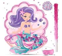 Piñata de Coquillage Pinata de Sirène Pinata à Thème de Mer avec Bâton de Pinata, Bandeau des Yeux et Confettis Pinata pour Enfants Fournitures Décorations d'Anniversaire (Sirène)
