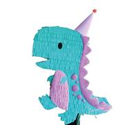 Pinata décorative en forme de dinosaure turquoise et violet, 50 cm, avec détails brillants et bonnet de fête