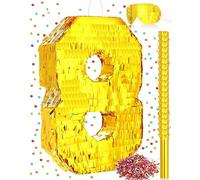 Piñata en forme de chiffre en feuille d'or 40,6 x 27,9 x 7,6 cm avec bâton de 39,7 cm - Décoration de fête d'anniversaire, fournitures de fête (chiffre 8)