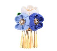 Pince à Cheveux Fleurie Japonaise Pompons, Style Kimono Bleu | Accessoire en Tissu, Clip Facile, pour Photographie et Fête, Inspiration Douce et Élégante