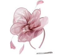 Pince à cheveux florale 3 en 1 en tulle avec plumes - Broche de mariage - Décoration florale - Coiffe de cocktail - Rose pâle - Fleur en maille - Pilulier - Chapeau de thé - Mariage