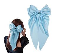 Pince à cheveux Jumbo avec queue pour femme et fille en satin soyeux - Grand nœud en métal - Barrette française longue queue - Accessoires pour cheveux (bleu clair)