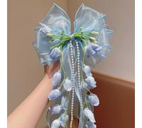 Pince à cheveux tendance super fée fleur, bec de canard, accessoire pour cheveux orchidée haut de gamme long nœud en dentelle (bleu)