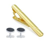 Pince à cravate dorée en métal à bords carrés avec boutons de manchette ronds pour affaires, fête, mariage, 5.9 x 0.7, Cuivre, Pas de gemme