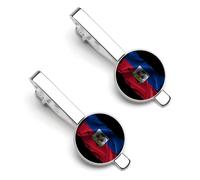 Pince à cravate drapeau haïtien déchiré et abîmé pour homme, pince à cravate ronde et boutons de manchette assortis, ensemble de 2 pièces - O7DS