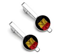 Pince à cravate vintage drapeau belge déchiré et abîmé pour homme, pince à cravate ronde et boutons de manchette assortis, ensemble de 2 pièces - O7DS