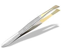 Pince à épiler de Solingen Fabriquée en Allemagne pour les soins du visage pour l'épilation des sourcils, des poils de barbe ou des petits poils pour femmes et hommes (Oblique/Doré)