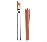 Pince à feu pour camping et grillades - Pince de barbecue robuste en acier au carbone avec poignée dentelée, à ressort assistée, étui en cuir inclus (taille L) (pince feu)