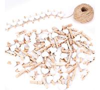 Pince à Linge en Bois Mini Coeur Clips Photos avec Ficelle de Jute 30m pour Décoration de Carte de Titulaire de Photo de Fête de Mariage et Bricolage Décoration 100 Pieces Blanc