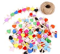 Pince à Linge en Bois Mini Coeur Clips Photos avec Ficelle de Jute 30m pour Décoration de Carte de Titulaire de Photo de Fête de Mariage et Bricolage Décoration 100 Pieces Coloré