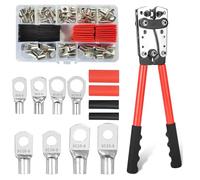 Pince à sertir 6/10/16/25/35/50 mm² - Grande pince à sertir 10-1/0 AWG - 8 tailles - 60 bornes à anneaux en cuivre + 60 gaines thermorétractables - Rouge