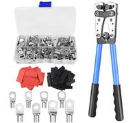 Pince à Sertir Professionnelle pour Cosses 10-1/0 AWG (6-50mm²) - Avec 80 Bornes à Anneau en Cuivre + 80 Gainettes Thermorétractables, 8 tailles, Outil de Crimpage Électrique à Cliquet Multifonction