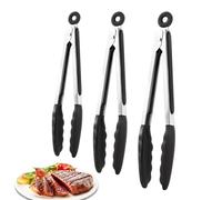 Pince de cuisine antidérapante en 3 parties - En acier inoxydable - Avec pointes en silicone - Pour la cuisson, le barbecue, le camping et le service