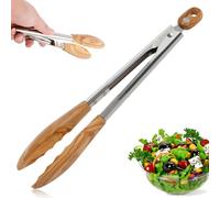 Pince de cuisine de qualité supérieure en bois d'olivier + acier inoxydable, 28,5 x 4 cm, résistante aux rayures, poignée fixe, facile à ranger, convient pour cuisiner, griller et balancer la salade