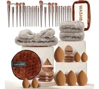 Pinceaux de Maquillage Professionnels, Houppettes et Trousse de Voyage Incluses pour Fond de Teint, Poudre, Fard à Paupières - Marron