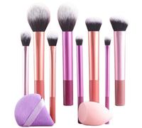 Pinceaux Maquillages Ensemble de 8 grands pinceaux maquillage multicolores + 2 houppettes à poudre - for contour, fard joues, correcteur, paupières, estompeur et eye-liner