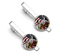 Pinces à cravate drapeau américain, Maryland, Marylander, amitié, pour hommes, argentées, rondes, lot de 2, pour mariage, anniversaire, affaires, remise de diplômes.