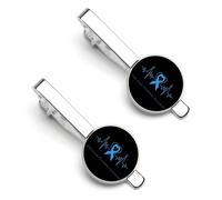 Pinces à cravate pour homme, motif battement de cœur, argentées, avec symbole de sensibilisation à la maltraitance infantile. Lot de 2 pinces à cravate rondes, idéales pour un mariage, un anniversaire