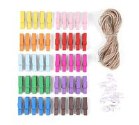 Pinces À Linge Colorées en Bois - 50 Pcs Mini Clips Photo Multicolores Avec 10m Corde De Jute Et 10 Crampons - Décoratives