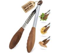 Pinces de cuisine 9 pouces en bois - embouts noyer, corps inox, antiadhésives, pour servir, sauter et dresser, charnière renforcée, repose-pouce ergonomique