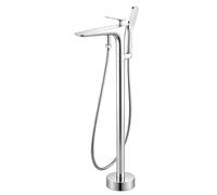 PINCHU Grand Débit Robinet de Baignoire Ilot, Rotation à 360° Baignoire Ilot avec Douchette, Monocommande Autoportante Mitigeur de Douche Au Sol, Laiton, Convient aux Salles de Bains Hôtels