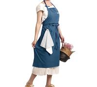Pincy Tablier en coton et lin doux - Tablier rétro en lin - Tablier décontracté réglable avec serviette - Idéal pour fleuriste, café et cuisine, Bleu cendre, XXL