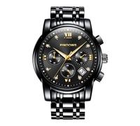 PINDOWS Montre chronographe à quartz de luxe pour homme avec date, grand cadran étanche, bracelet en acier inoxydable, aiguilles lumineuses, accents de diamant, 651n1 : noir/noir, Classique