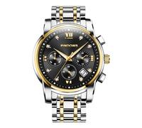 PINDOWS Montre chronographe à quartz de luxe pour homme avec date, grand cadran étanche, bracelet en acier inoxydable, aiguilles lumineuses, accents de diamant, 651n2 : bicolore / noir, Classique