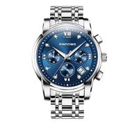 PINDOWS Montre chronographe à quartz de luxe pour homme avec date, grand cadran étanche, bracelet en acier inoxydable, aiguilles lumineuses, accents de diamant, 651n5 : argenté/bleu, Classique