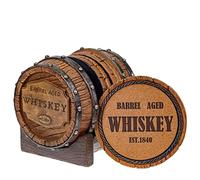 Pine Ridge Whiskey Barrel Lot de 5 Dessous de Verre avec Support, Whiskey Aged Whisky Est. 1840 Décoration et Accessoires Uniques de Bar, bière et Whisky - Décorations d'intérieur Modernes pour