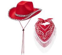 Pineeseatile Chapeau de cow-girl rouge chapeau de cow-girl avec bandana à franges largeur paillettes de bord courbe courbée