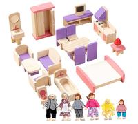 Pineeseatile Meubles de Maison de poupée, Ensemble Meubles Maison poupée en Bois avec 6 poupées familiales, 5 pièces, Accessoires éducatifs DIY pour Enfants 3 Ans et Plus, Style2