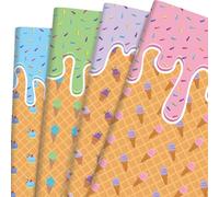 Pineraap Lot de 12 feuilles de papier cadeau motif crème glacée quatre couleurs pour anniversaire, vacances, fête, fête prénatale, 50 x 70 cm