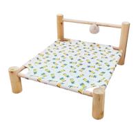 ping bu Lit surélevé en bois apaisant pour animaux de compagnie, tapis lavable en lin respirant avec balle en peluche à suspendre, canapé de couchage d'intérieur robuste pour chats et chiots (54 x 48