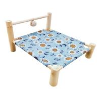 ping bu Lit surélevé en bois apaisant pour animaux de compagnie, tapis lavable en lin respirant avec balle en peluche à suspendre, canapé de couchage d'intérieur robuste pour chats et chiots (54 x 48