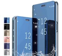 PingGoo Coque pour iPhone 12, Étui Miroir à Placage Rabattable Cover, Housse de Protection Antichoc PC/PU Étui Translucide Clear View Coque pour iPhone 12, Bleu